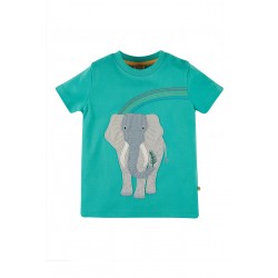 Frugi Carsen applique t shirt pacific aqua elephant